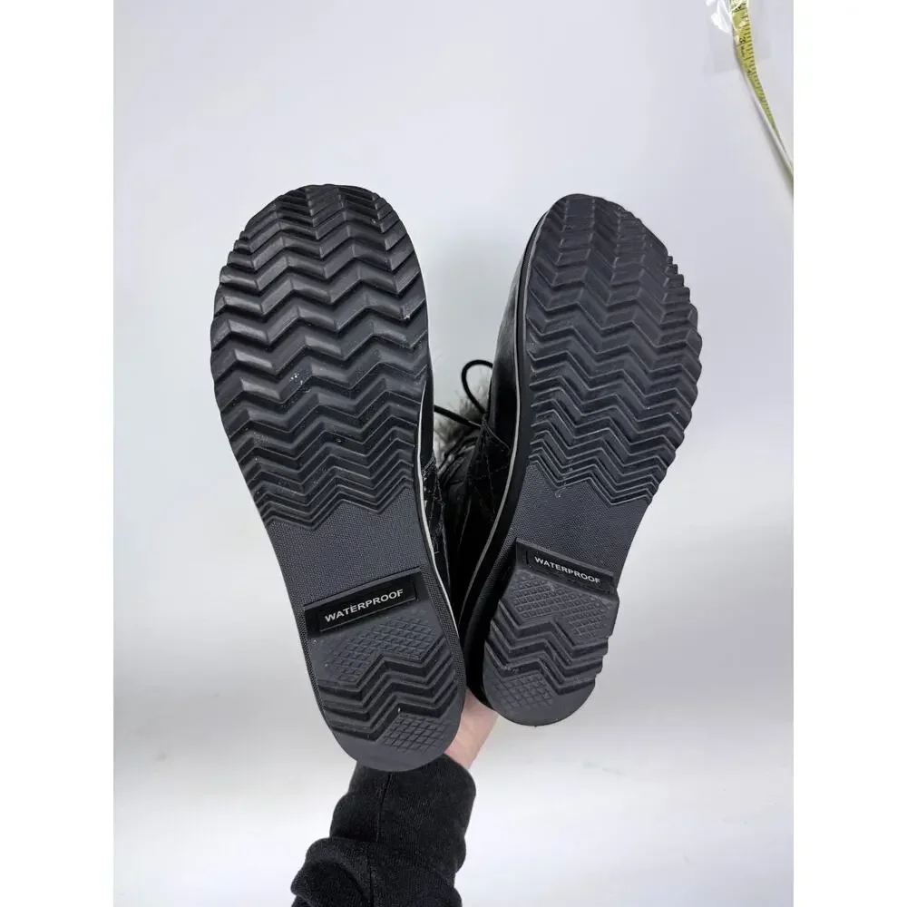 Sorel Tofino II Snow Boots Women's 9 Black Gray Faux Fur Trim Waterproof Lace-Up